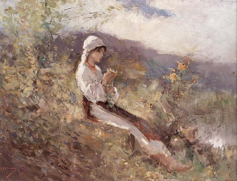 Nicolae Grigorescu Peasant Woman Sitting in the Grass oil painting image
